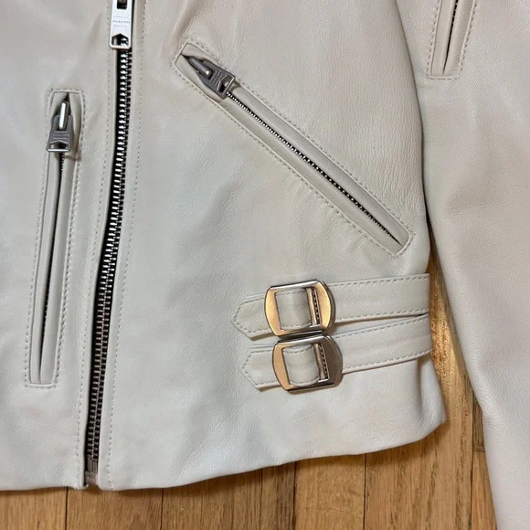 AllSaints Women’s Ivory Leather Motorcycle Biker Jacket with Black Lining 12 - Picture 5 of 12